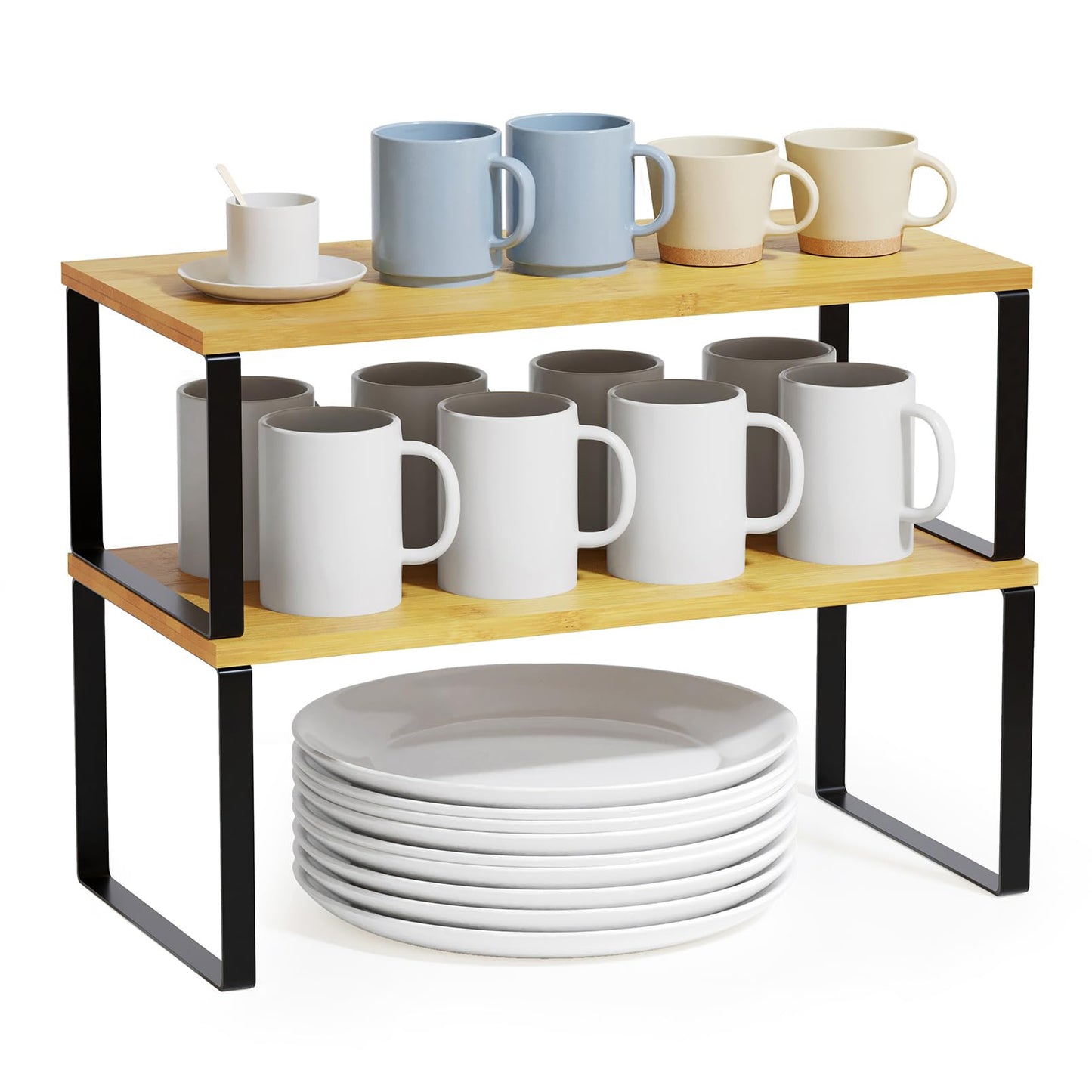 SpaceAid Cabinet Shelf Organizers 2 Pack, Kitchen Counter Rack Shelves Riser, Stackable Expandable Spice Rack, Pantry Cupboard Storage Organization (Black and Natural, Long)