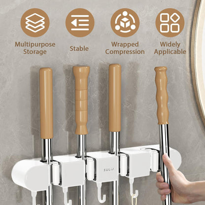 Broom Holder Wall Mount by 2Pcs - No-Drilling Self-Adhesive Storage Rack with Hooks | White, 4 Racks & 5 Hooks
