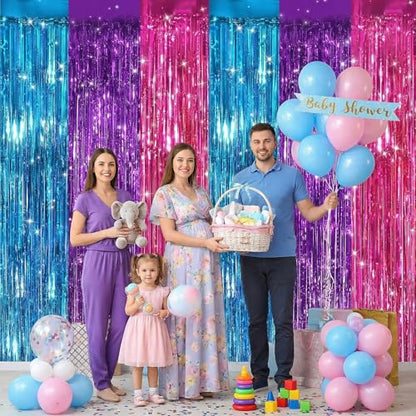 Blue Purple Pink Foil Fringe Curtain 2 Pack Tinsel Backdrop for Party Decorations - Variation of Blue Purple Pink / 2 PCS