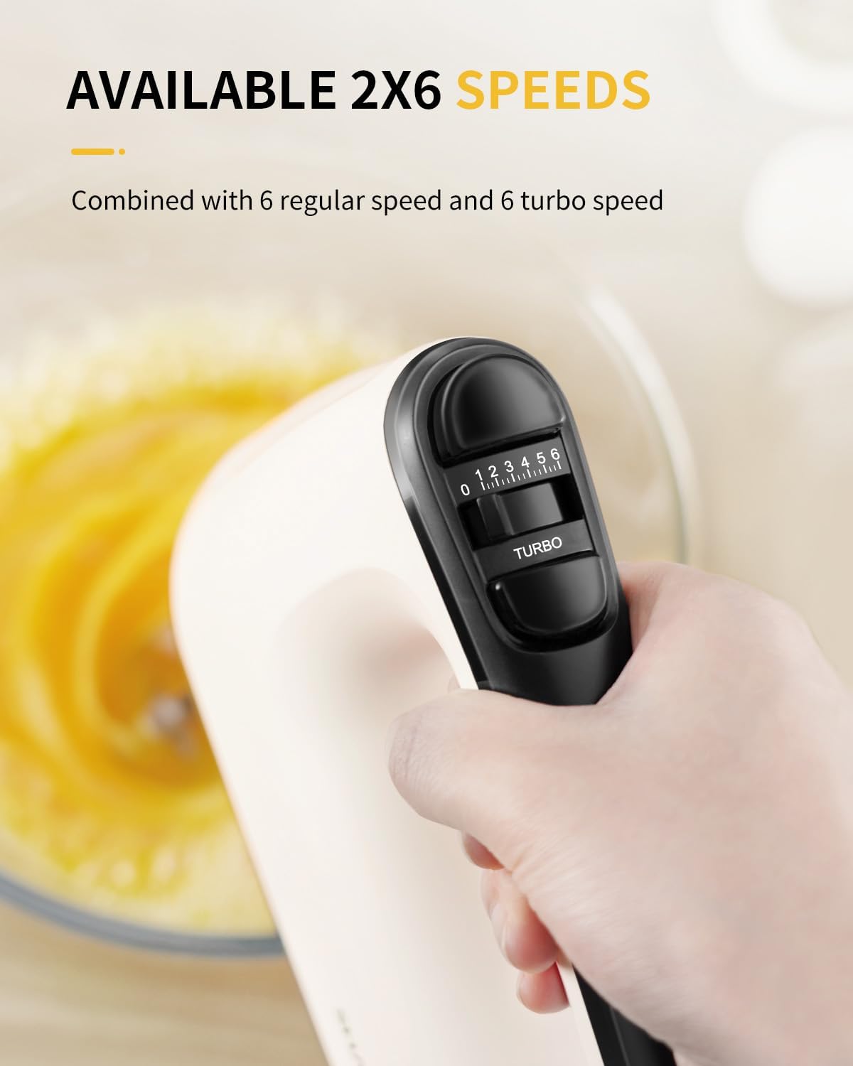 SHARDOR Electric Hand Mixer - 6 Speed Turbo with Snap-On Storage Case & 5 Stainless Steel Attachments - White