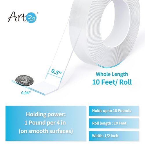 Art3d Double-Sided Mounting Tape - 10FT Multipurpose Removable Adhesive Foam | Transparent Household Use