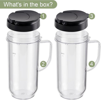 Magic Bullet 22oz Tall Mug Cups - 4-Piece Set with Flip-Top To-Go Lids for MB1001 Blender