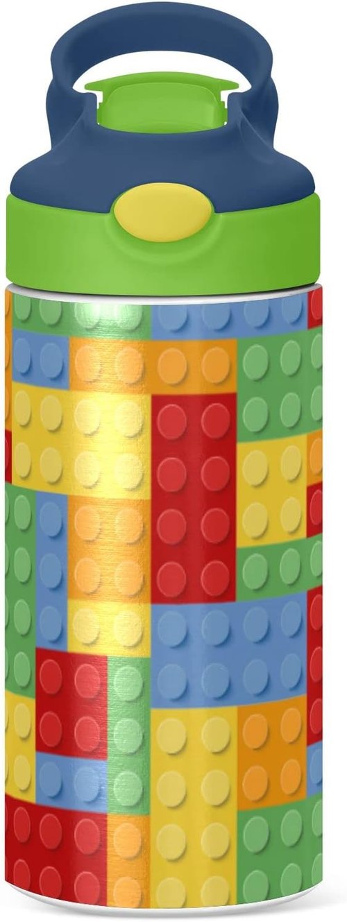 Kigai Insulated Water Bottle for Kids - 12oz Building Blocks Design with Straw Lid & Stainless Steel