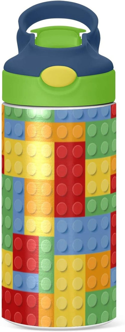Kigai Insulated Water Bottle for Kids - 12oz Building Blocks Design with Straw Lid & Stainless Steel