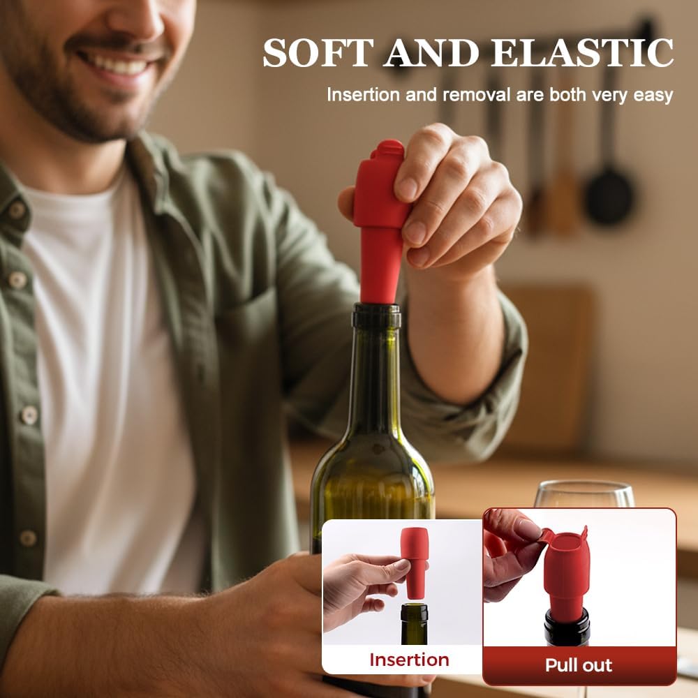 Silicone Wine Stopper for Wine Bottles, 2026 Upgrade Reusable Wine Stoppers for Wine Bottles, Seal Bottle Cover for Beer Champagne, Glass Bottle Sealer Covers Wine Stoppers for Home Use (4)