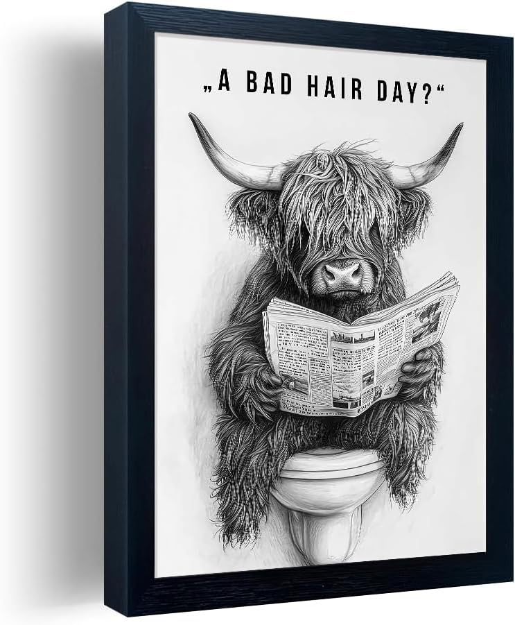 Orvannaatr Highland Cow Wall Art - Humorous Sketch of Cow on Toilet | Fun Bathroom Décor