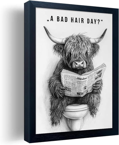 Orvannaatr Highland Cow Wall Art - Humorous Sketch of Cow on Toilet | Fun Bathroom Décor