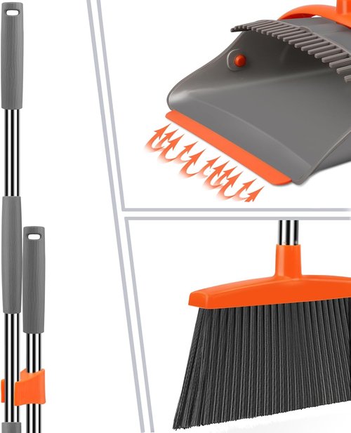 Ivandar Broom and Dustpan Set - Long Handle Combo for Home & Office | Gray & Orange Indoor/Outdoor Use
