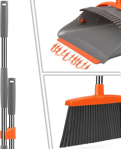 Ivandar Broom and Dustpan Set - Long Handle Combo for Home & Office | Gray & Orange Indoor/Outdoor Use