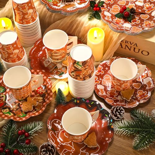 Disposable Gingerbread Tea Cups & Plates Set Brown Gingerbread Man Variation