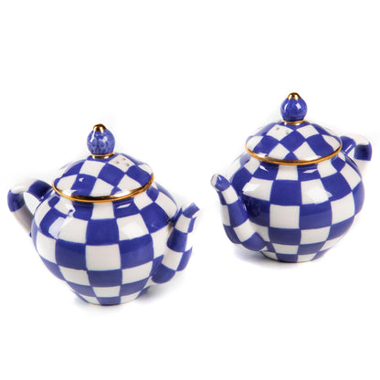 MACKENZIE-CHILDS Teapot Salt and Pepper Shaker Set, Ceramic Salt and Pepper Holders, Blue-and-White Royal Check