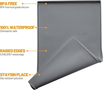 Hubulk Dog Feeding Mat - 100% Waterproof Silicone Pet Bowl Placemat | Non-Slip Design, Grey (19"x12"x0.5")