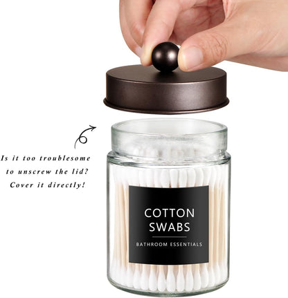 SheeChung Qtip Dispenser Holder Set - 4 Glass Apothecary Jars with Bronze Lids | Bathroom Storage Organizer