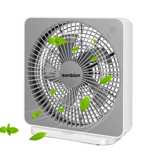 SONBION Small Box Fan, 10 inch Window Fan with 3 Speeds Strong Airflow, DC Adapter Square Table Fan for Bedroom Living Room Office Apartment, Quiet and Lightweight, 5ft Power Cord