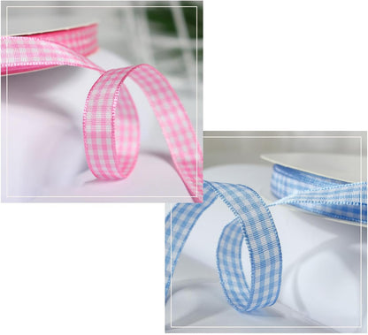 Skiennix Gingham Ribbon - Thin Checkered Polyester for Gift Wrapping & Crafts | Pink/Blue, 10 Yds x 3/8 in