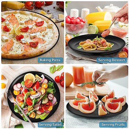 TeamFar 10 Inch Pizza Pan, Nonstick Black Coating Stainless Steel Pizza Pans, Round Pizza Trays for Baking Serving, Fits in Toaster Oven, Healthy & Heavy Duty, Non-Stick & Easy Clean-Set of 4