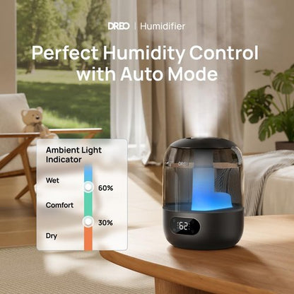 DREO Ultrasonic Humidifier - 3L Top Fill, 30H Quiet Runtime, Humidity Sensor & Night Light - Black