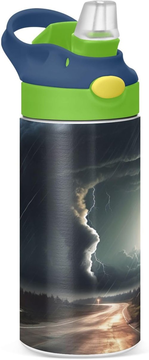 Black Tornado Kids Water Bottle - 12oz Insulated Stainless Steel, BPA Free, Leak-Proof, Green