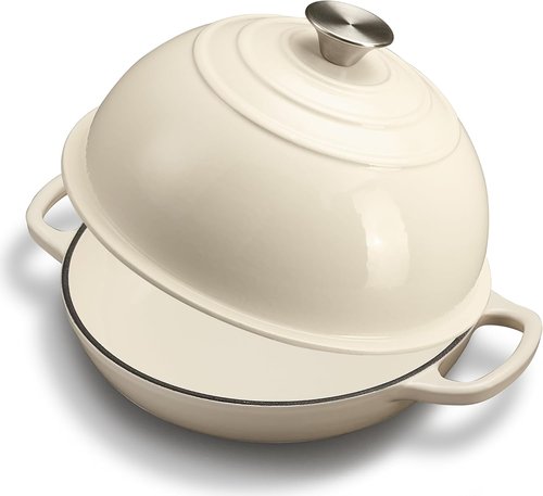 Cast Iron Dutch Oven | 6Qt Sourdough Bread Baking Pan with Lid - Enameled, Oven Safe to 482℉, White