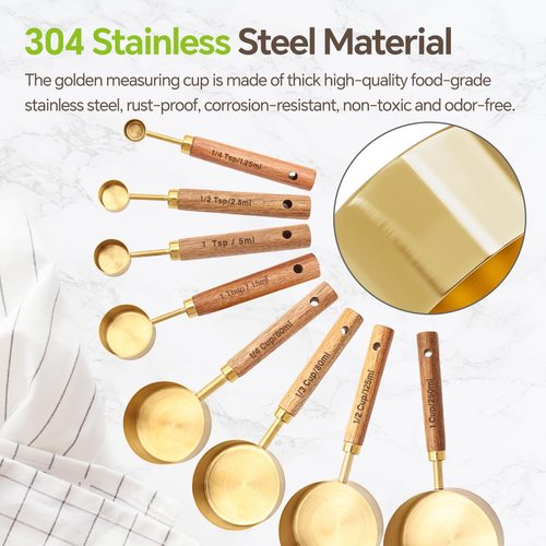 8 Pcs Golden Stainless Steel Measuring Cups and Spoons Set,Wooden Handle Baking Tools with US Measurements,Measuring Cups for Cooking, Baking, Dry & Liquid-Kitchen Baking Supplies