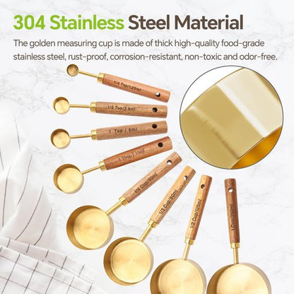 8 Pcs Golden Stainless Steel Measuring Cups and Spoons Set,Wooden Handle Baking Tools with US Measurements,Measuring Cups for Cooking, Baking, Dry & Liquid-Kitchen Baking Supplies