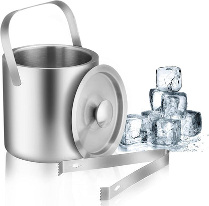 Mini Ice Bucket Portable Double Wall Ice Bucket with Tong,Stainless Steel Hotel Bucket/Champagne/Beverage Bucket,Size 1.3 Liters 5.5 x 5.5 in,Serveware for Party,Event,and Camping.