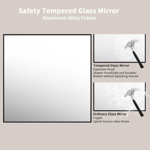 LOAAO Black Rectangle Bathroom Mirror - 36" x 36" Matte Black Aluminum Frame, Tempered Glass, Versatile Hanging Options