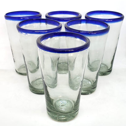 MexHandcraft Cobalt Blue Rim 16 oz Pint Glasses (set of 6), Recycled Glass, Lead-free, Toxin-Free (16oz Pint)