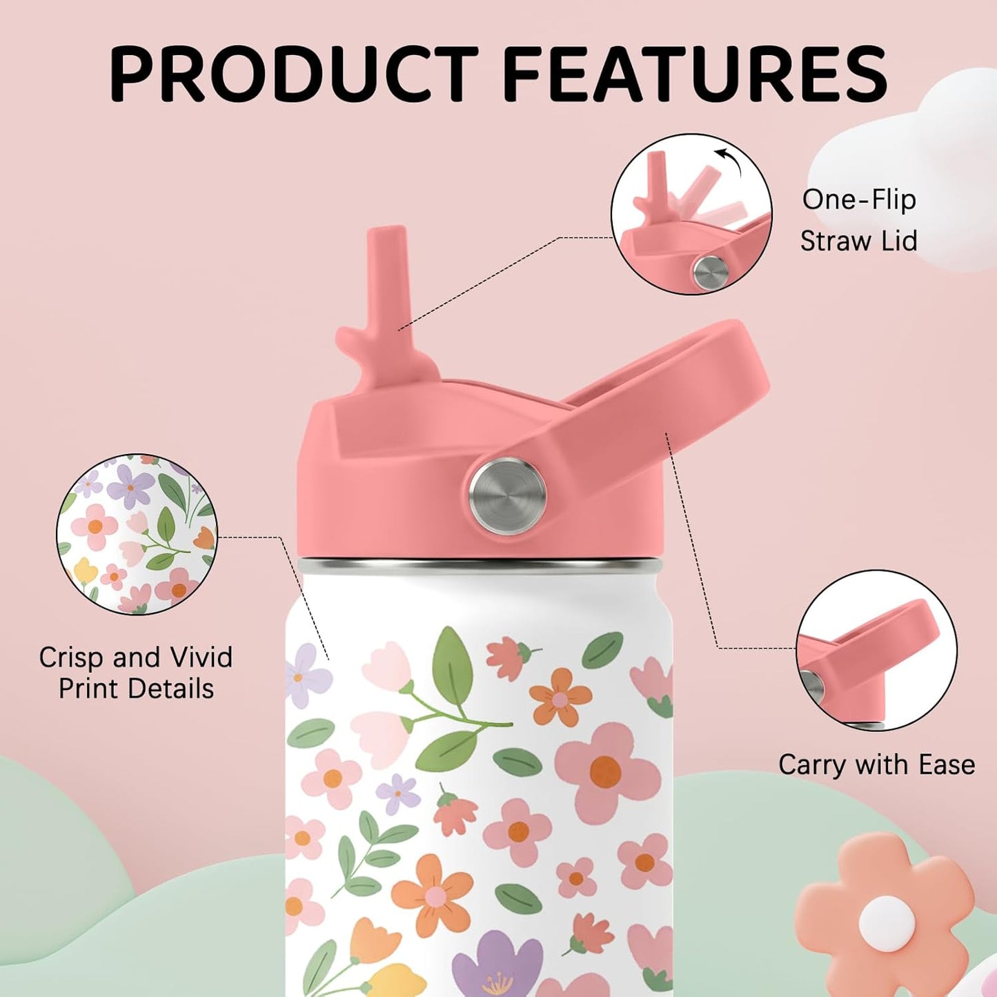Skiennix Stainless Steel Insulated Water Bottle - 12oz Flower Design Tumbler with Straw Lid & Handle