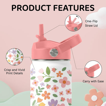 Skiennix Stainless Steel Insulated Water Bottle - 12oz Flower Design Tumbler with Straw Lid & Handle