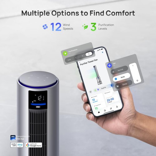 Dreo MC710S Air Purifier Tower Fan, 45" 2-in-1 Smart Fan for Bedroom, 27ft/s Velocity, 120°Oscillation, 24H Timer Bladeless Fans for Home, 25dB Low Noise, Standing Fan Works with Alexa, Silver Blue