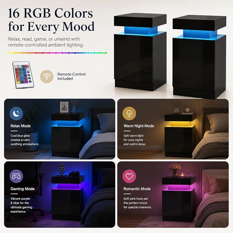 Nightstand Set of 2 with RGB LED Lights, Black – 17.7 inch Variation