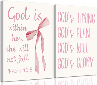 Coquette Pink Bow Canvas Wall Art - Inspirational Bible Verses for Girls' Room Decor | 12"x16" Framed