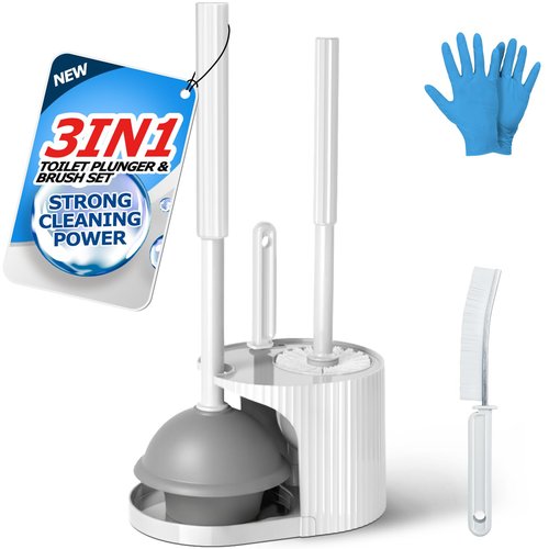 FORASTO 3 in 1 Toilet Brush and Plunger Set,Toilet Bowl Brush Plunger Set,Toilet Brush Plunger Combo,Cleaning Brush,Cleaning Supplies, Crevice Cleaning Brush, Bathroom Cleaning Tools, Pearl White