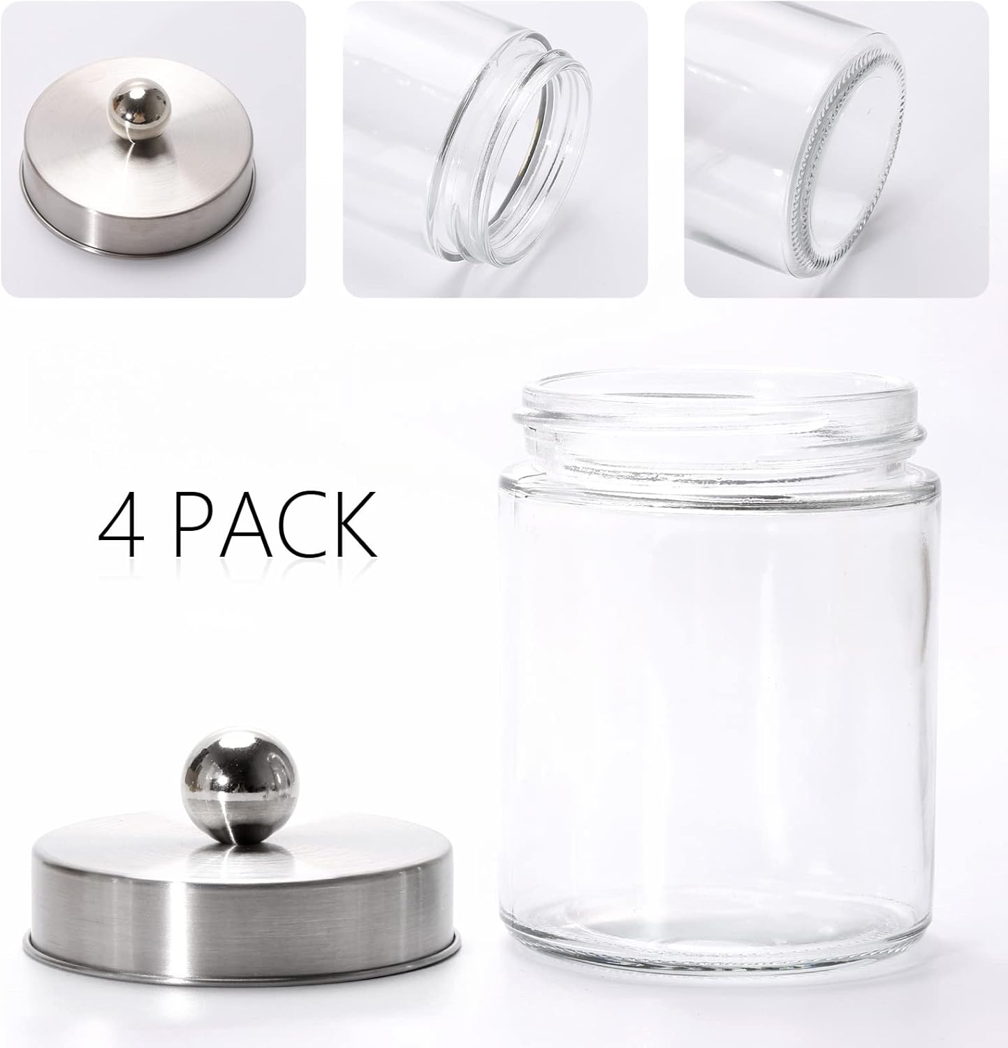 Tbestmax Glass Qtip Holder Dispenser - 10-Ounce Bathroom Containers with Metal Lids | 4-Pack Apothecary Jars