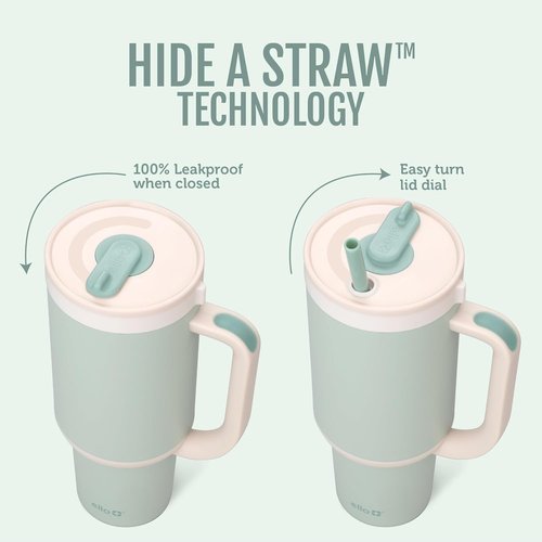 Ello Oasis 24 oz Tumbler - Insulated Stainless Steel Cup with Handle & Straw | 100% Leakproof, Keeps Drinks Cold for 24 Hours, Pistachio