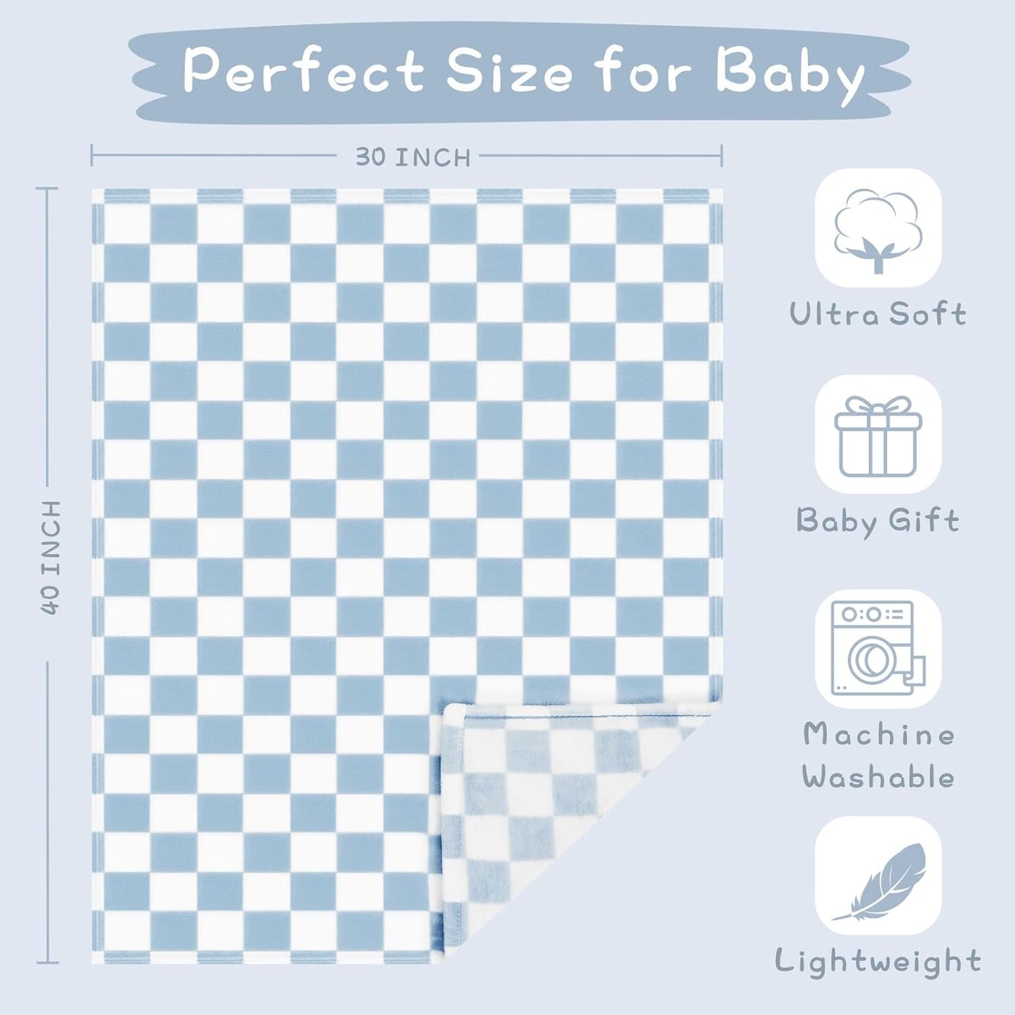 Yurhap Checkered Baby Blanket - Ultra Soft Fleece for Boys | Cozy 30''x40'' Crib & Stroller Blanket in Blue