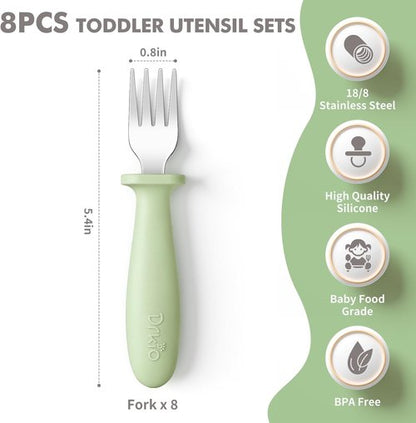 DRKIO Toddler Forks Set - 8-Piece Baby Utensils with Silicone Handle | Safe 18/8 Stainless Steel, Anti-Choke Design