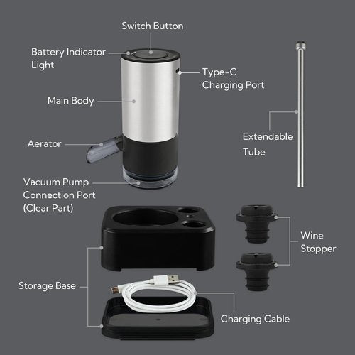 KITCHENDAO Rechargeable Electric Wine Aerator Dispenser and Wine Saver Pump, Automatic Wine Pourer with USB-C Cable, Storage Base and 2 Stoppers, Built-in Sound Indicator,Gift for Valentine's Day