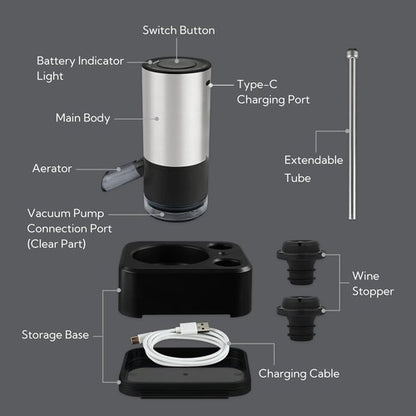 KITCHENDAO Rechargeable Electric Wine Aerator Dispenser and Wine Saver Pump, Automatic Wine Pourer with USB-C Cable, Storage Base and 2 Stoppers, Built-in Sound Indicator,Gift for Valentine's Day