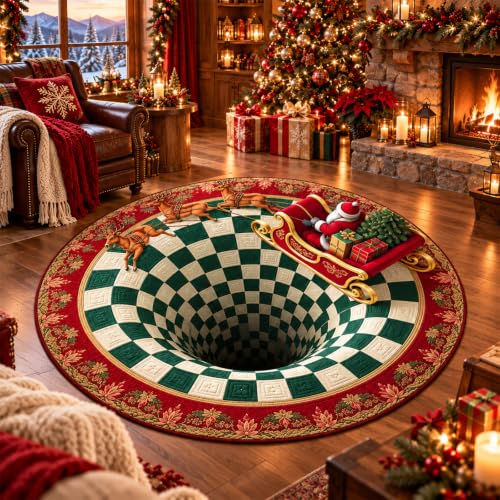 Christmas 3D Optical Illusion Rug - Santa Claus Holiday Decor, Round Non-Slip Mat (D)