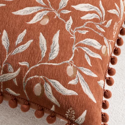 Orange Floral Decorative Pillow Cover 14x24 Inch Chenille Velvet Lumbar Cushion with Pom Poms
