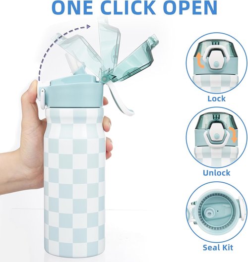 BJPKPK Stainless Steel Insulated Water Bottle - 18oz Reusable Thermal Flask with Straw Lid | Plaid Design