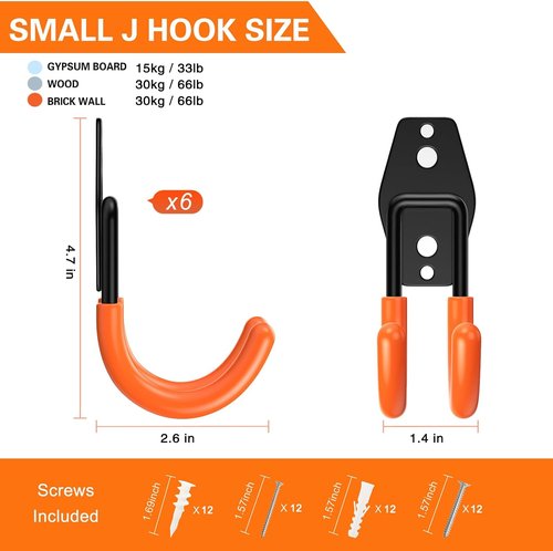 HUPBIPY Heavy Duty Garage Hooks - J Shaped Wall Mounted Tool Organizer | 6 Pack for Ladders, Bikes, and More