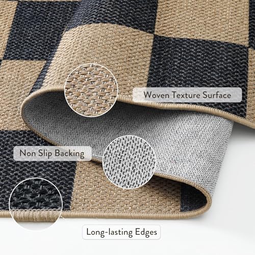 5' x 7' Checkerboard Outdoor Patio Rug - Washable Jute Look Black