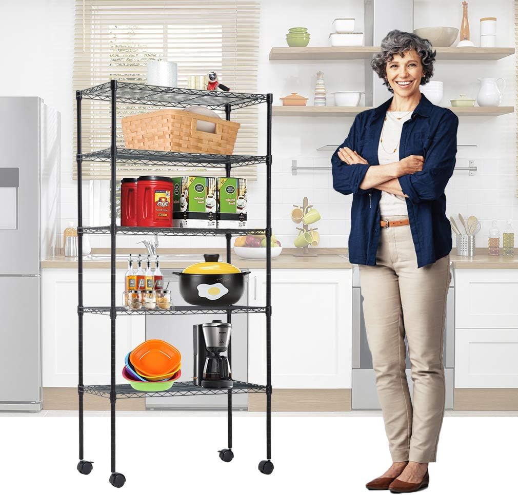BestOffice 5-Tier Wire Storage Shelves - Adjustable Heavy-Duty Metal Rack with Wheels | 14x30x60 | Black | Holds Up to 220 lbs | No-Tool Assembly for Home & Garage
