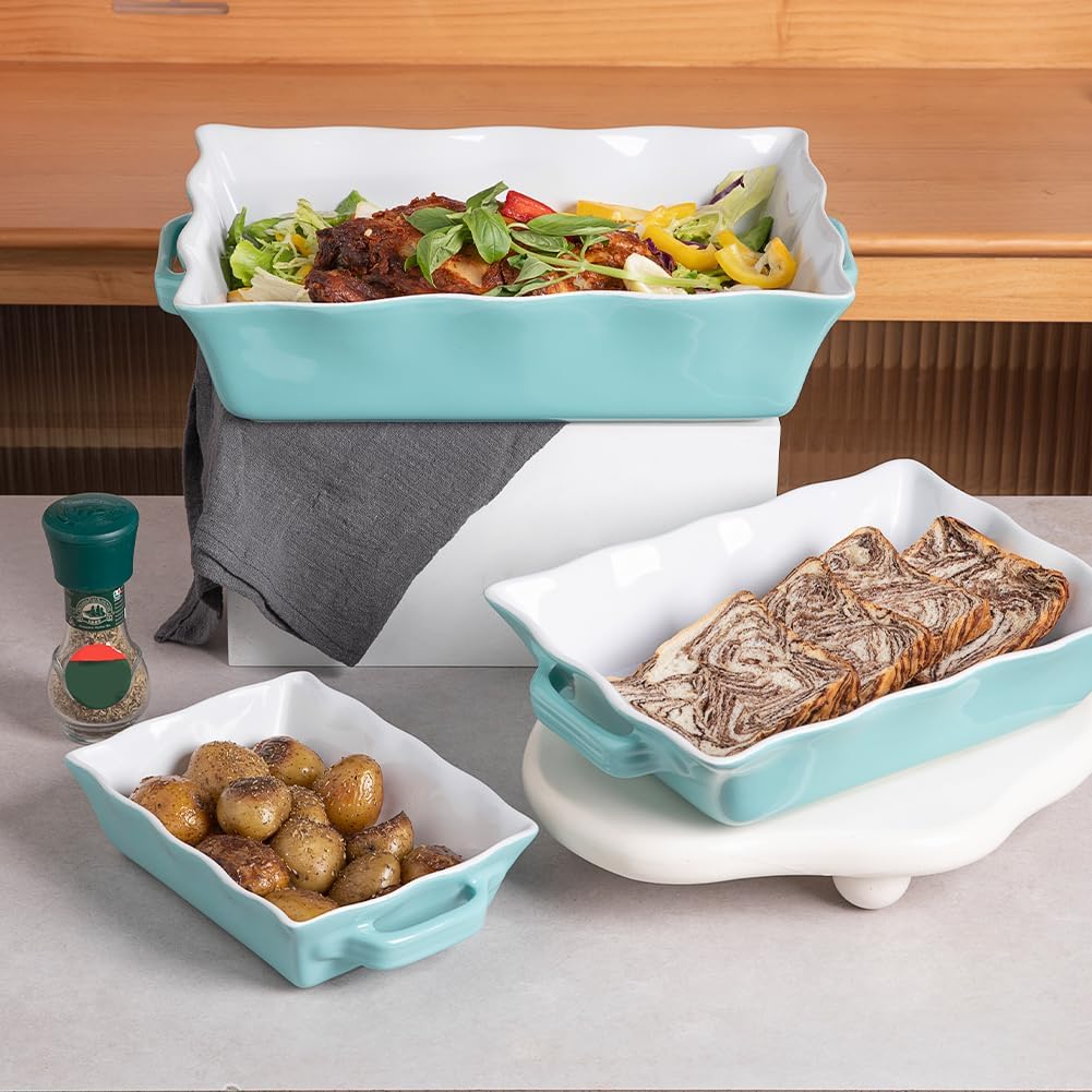 Sweejar Casserole Dishes - Ceramic Bakeware Set of 3 | Rectangular Baking Dish with Handles, Turquoise