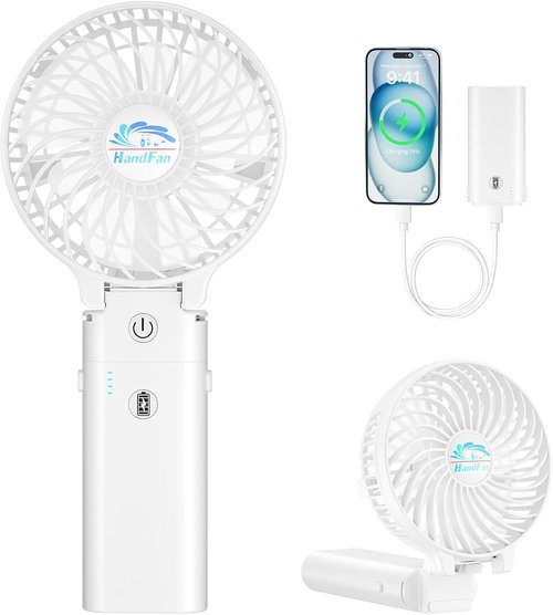HandFan Portable Handheld Fan - 3 Speed Rechargeable Cooling Fan, 180° Foldable, 20H Runtime | White