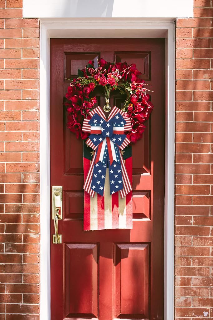 Threetols Patriotic Wreath Bows - Large Red, White & Blue Burlap Bows for Memorial Day & 4th of July Decor