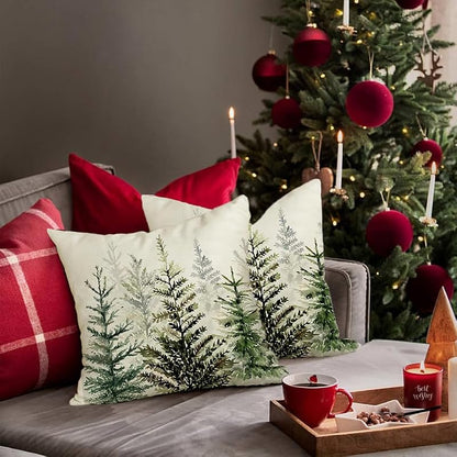 Christmas Pillow Covers 18x18 Set of 2 - Green Forest Tree Winter Outdoor Decor